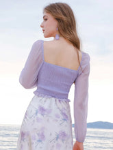 Square Neck Lantern Sleeve Shirred Knot Front Crop Blouse